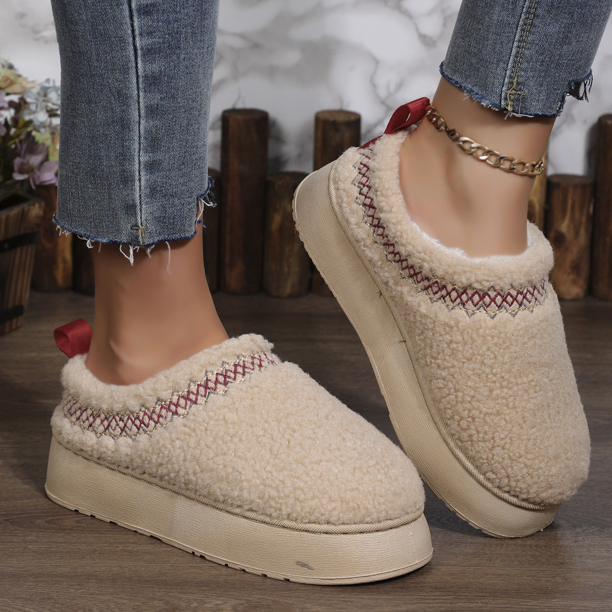 Ethnic Style Sewing-edge Plush Slippers Winter Indoor