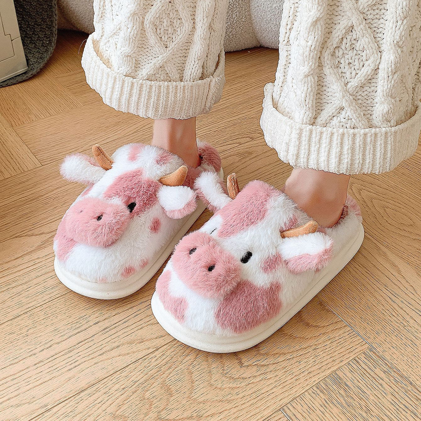 Cute Cartoon Cow Plush Slippers Winter Warm Indoor