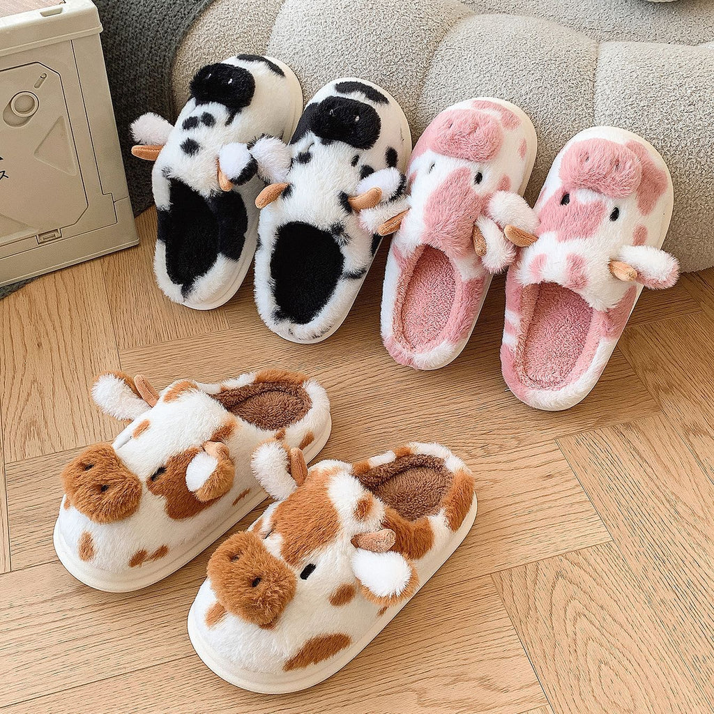 Cute Cartoon Cow Plush Slippers Winter Warm Indoor