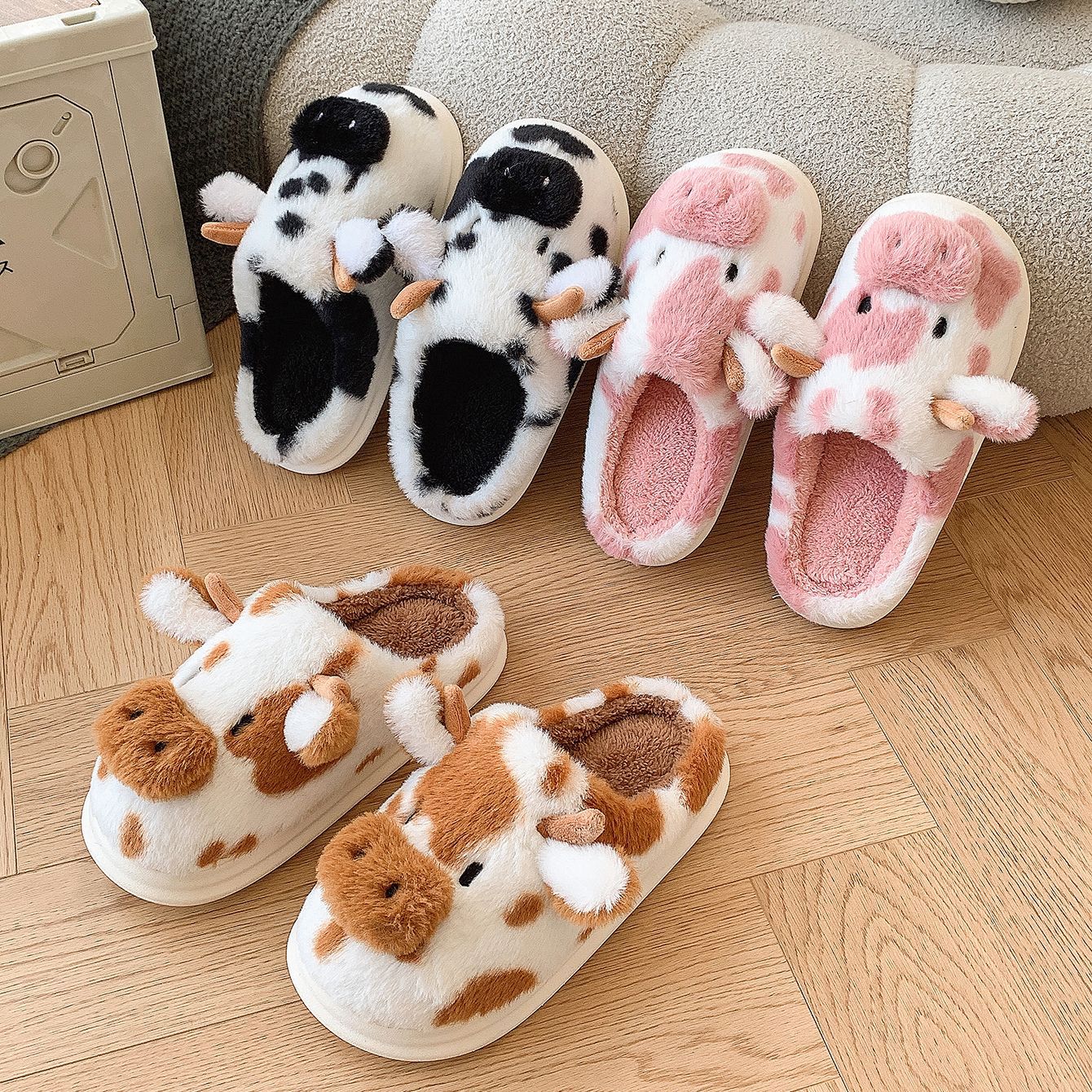 Cute Cartoon Cow Plush Slippers Winter Warm Indoor