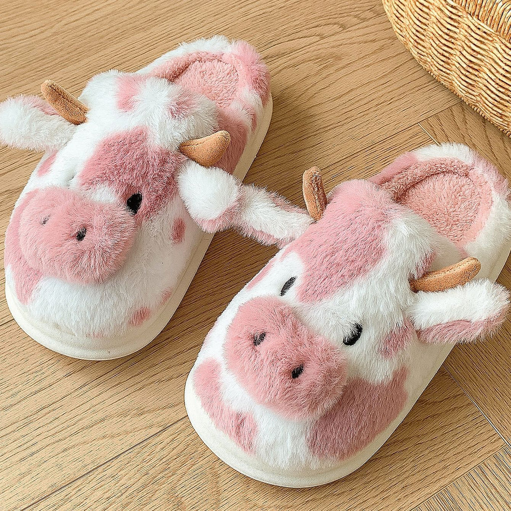 Cute Cartoon Cow Plush Slippers Winter Warm Indoor
