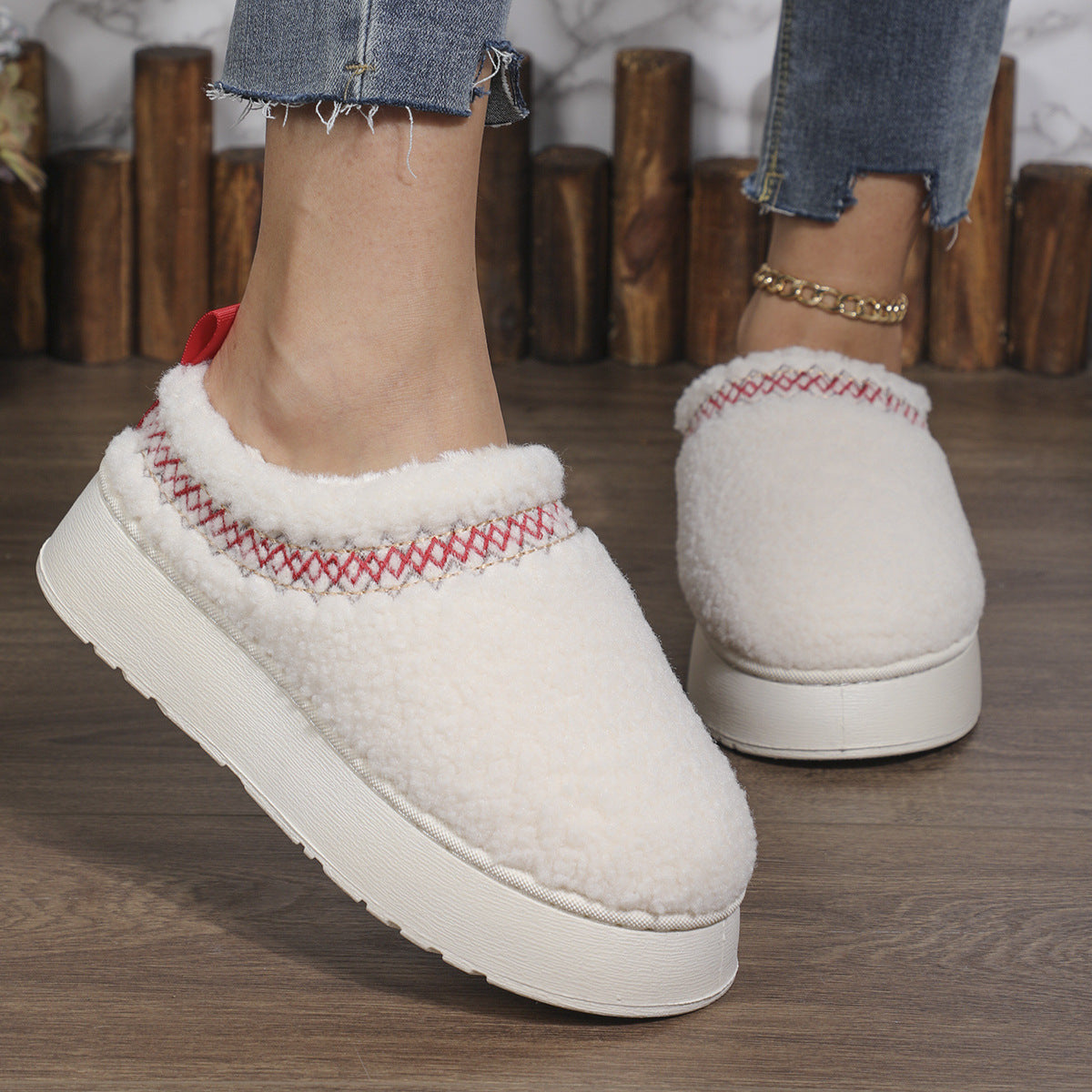 Ethnic Style Sewing-edge Plush Slippers Winter Indoor
