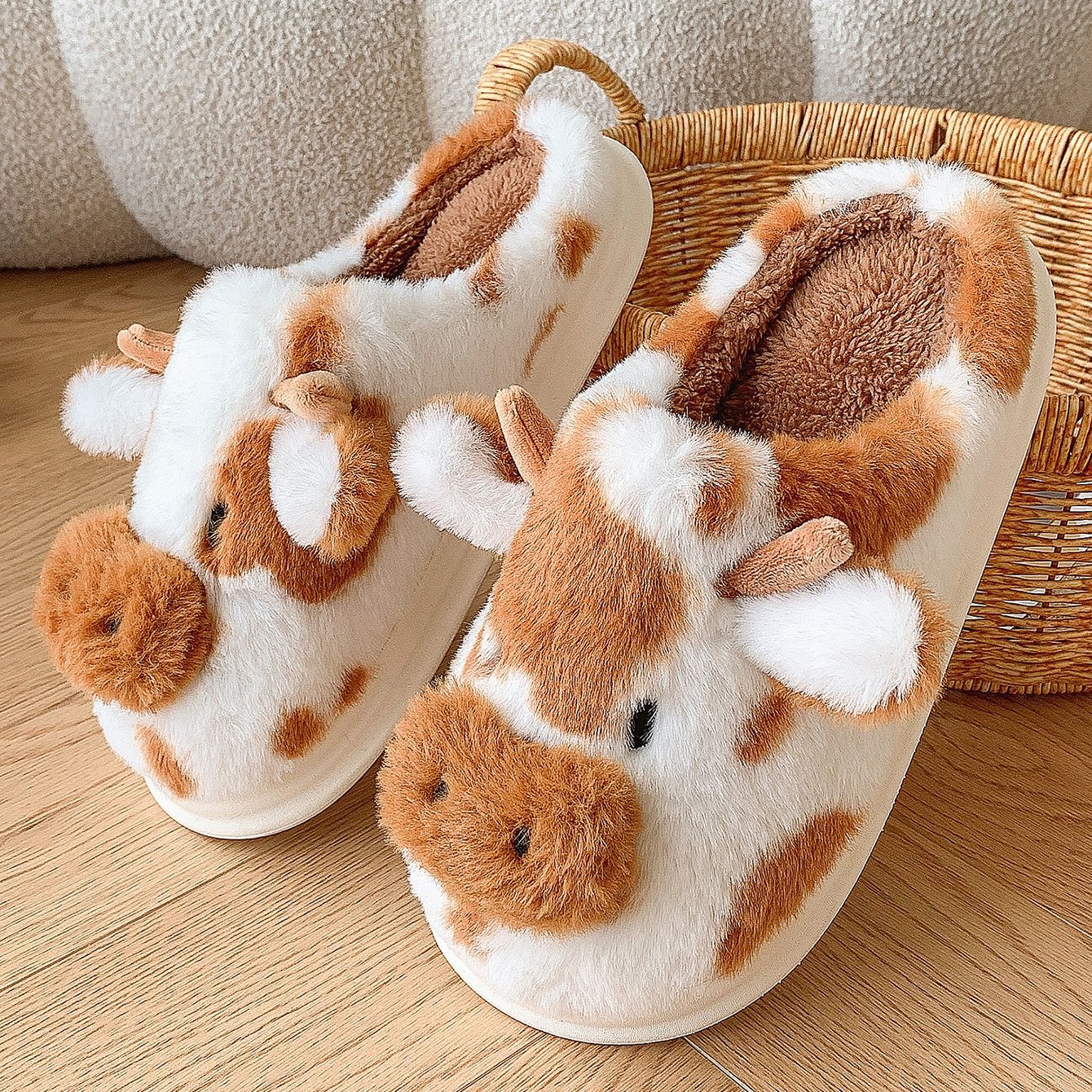 Cute Cartoon Cow Plush Slippers Winter Warm Indoor