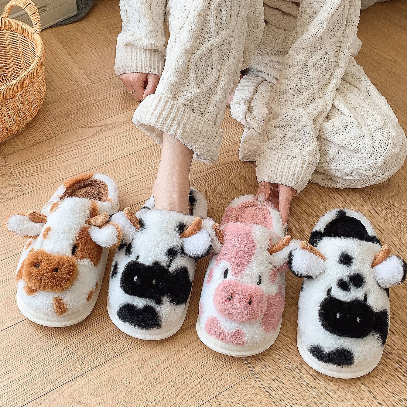 Cute Cartoon Cow Plush Slippers Winter Warm Indoor