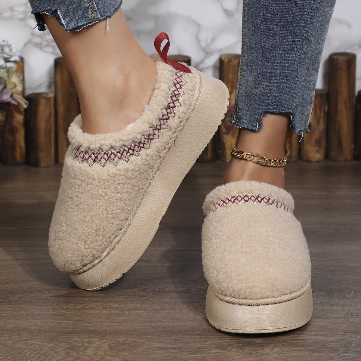 Ethnic Style Sewing-edge Plush Slippers Winter Indoor