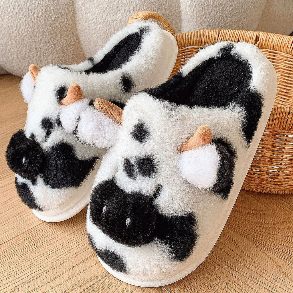 Cute Cartoon Cow Plush Slippers Winter Warm Indoor